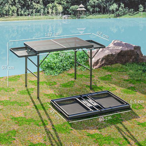 Table De Camping Pliante Réglable 2 Étagères Alu Maille Métal Noir
