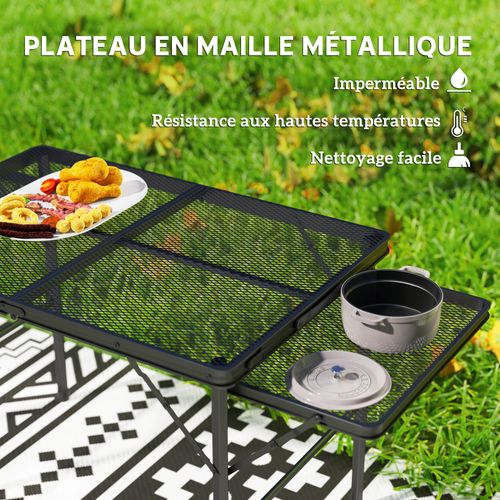 Table De Camping Pliante Réglable 2 Étagères Alu Maille Métal Noir