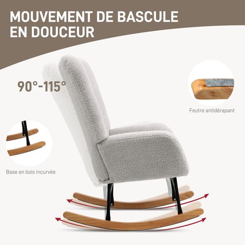 Fauteuil à Bascule Style Nordique Bois Hévéa Effet Laine Bouclée