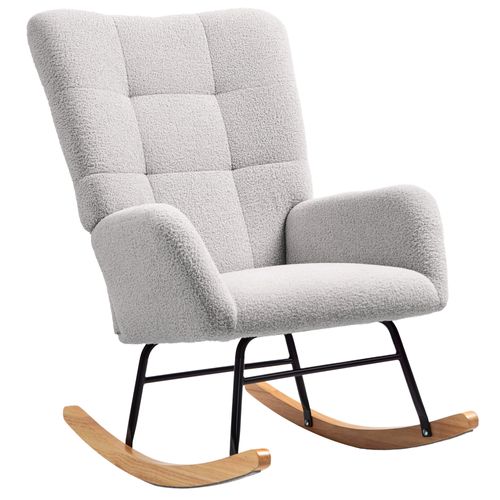 Fauteuil à Bascule Style Nordique Bois Hévéa Effet Laine Bouclée