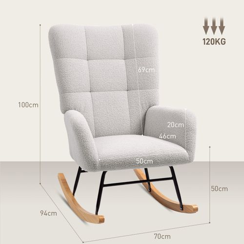 Fauteuil à Bascule Style Nordique Bois Hévéa Effet Laine Bouclée