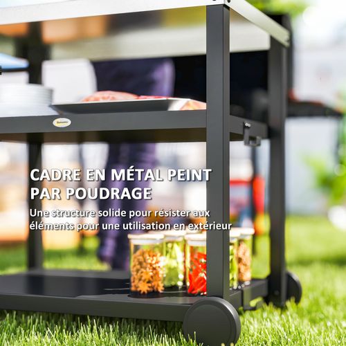 Desserte Jardin Pour Plancha Barbecue 2 Étagères Crochets Métal Gris