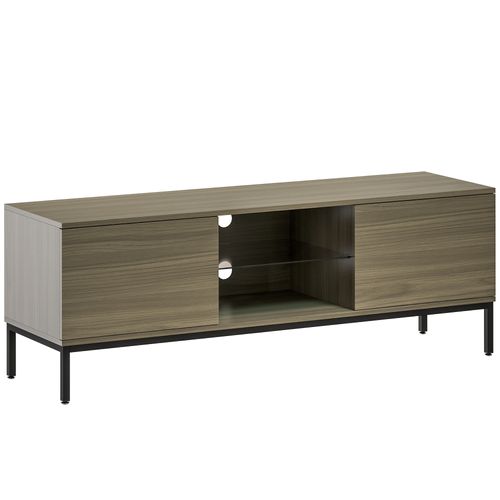 Meuble TV 2 Portes Étagère Verre Acier Noir Effet Bois Gris