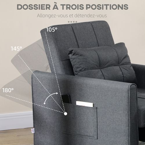 Fauteuil Convertible 3 En 1 Chaise Longue Lit Coussin Tissu Gris