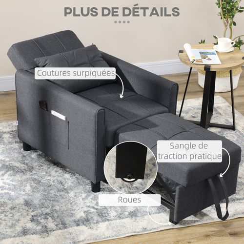 Fauteuil Convertible 3 En 1 Chaise Longue Lit Coussin Tissu Gris