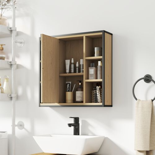 Armoire Miroir Murale Salle De Bain - 2 Portes, Étagère, Niche - Acier Noir Effet Bois