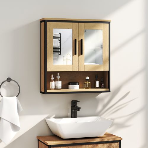 Armoire Miroir Murale Salle De Bain - 2 Portes, Étagère, Niche - Acier Noir Effet Bois