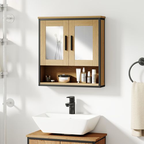 Armoire Miroir Murale Salle De Bain - 2 Portes, Étagère, Niche - Acier Noir Effet Bois