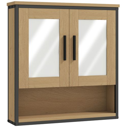 Armoire Miroir Murale Salle De Bain - 2 Portes, Étagère, Niche - Acier Noir Effet Bois