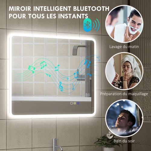 Miroir Lumineux LED 90 X 70 Cm Bluetooth Interrupteur Tactile Lumière Réglable
