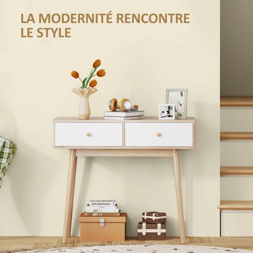 Console Style Nordique - 2 Tiroirs - Effet Bois Clair Blanc