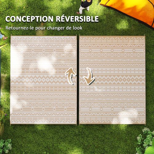 Tapis D'extérieur Réversible Dim. 3,7 X 2,7 M Motif Graphique Kaki Beige