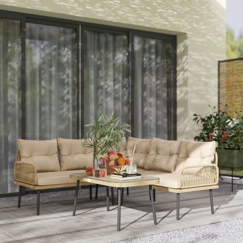 Ensemble Salon De Jardin D'angle 5 Places Table Basse Coussins Beige