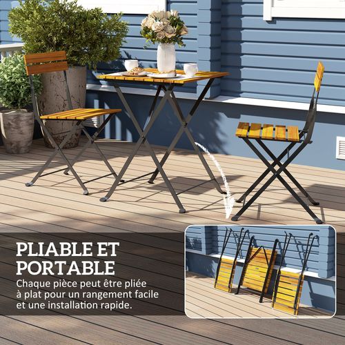 Ensemble Bistrot De Jardin 3 Pièces Pliables Style Exotique Acier Noir Acacia Verni