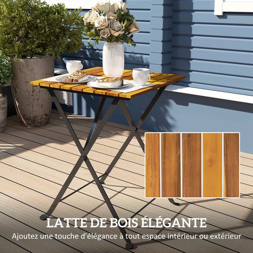 Ensemble Bistrot De Jardin 3 Pièces Pliables Style Exotique Acier Noir Acacia Verni