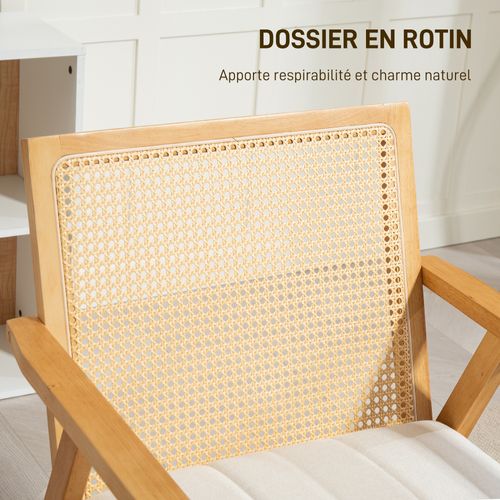 Fauteuil Lounge En Cannage Et Bois Épais Coussin Toucher Lin Blanc Cassé