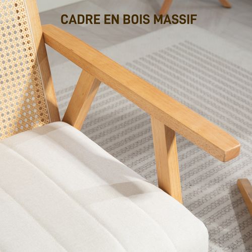 Fauteuil Lounge En Cannage Et Bois Épais Coussin Toucher Lin Blanc Cassé