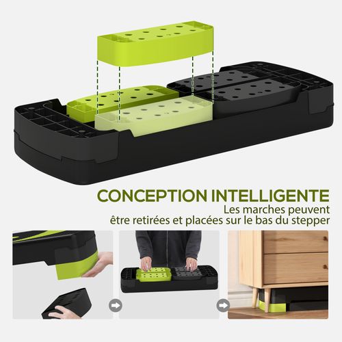 Stepper Fitness Aérobic Hauteur Réglable Surface Antidérapante 80 X 31 X 20 Cm Noir Vert