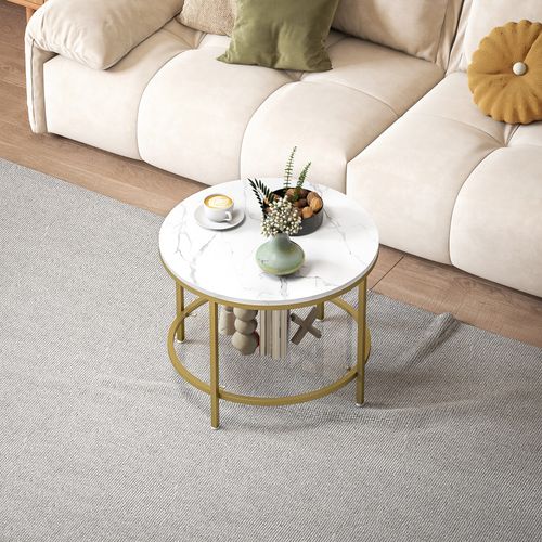 Table Basse Ronde Dia. 60 Cm Étagère Verre Trempé Métal Doré Effet Marbre Blanc