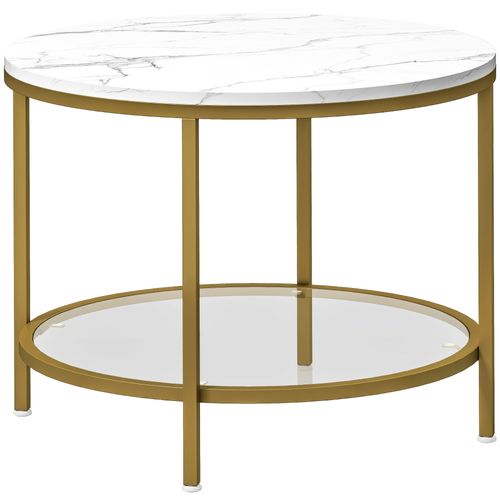 Table Basse Ronde Dia. 60 Cm Étagère Verre Trempé Métal Doré Effet Marbre Blanc