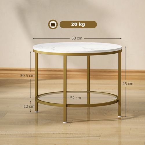 Table Basse Ronde Dia. 60 Cm Étagère Verre Trempé Métal Doré Effet Marbre Blanc
