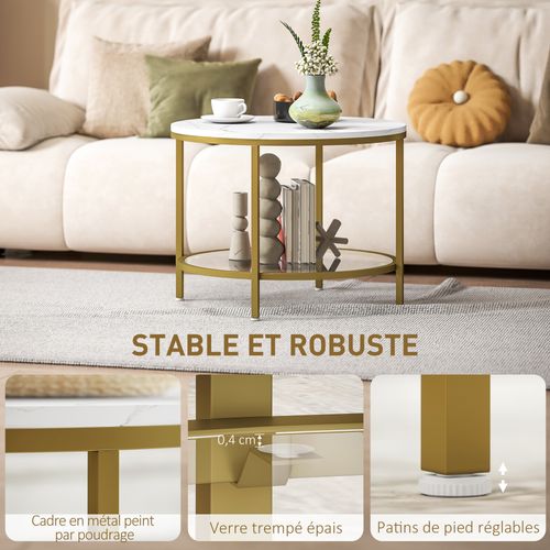 Table Basse Ronde Dia. 60 Cm Étagère Verre Trempé Métal Doré Effet Marbre Blanc