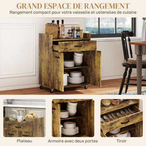 Desserte Cuisine à Roulettes Tiroir Placard 2 Portes Étagère