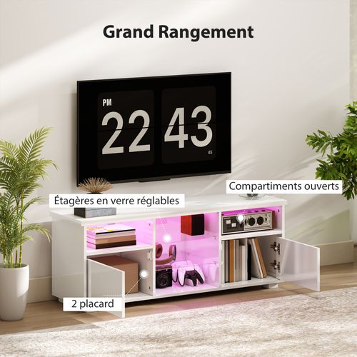 Meuble TV Blanc Laqué LED Design Multi-rangement