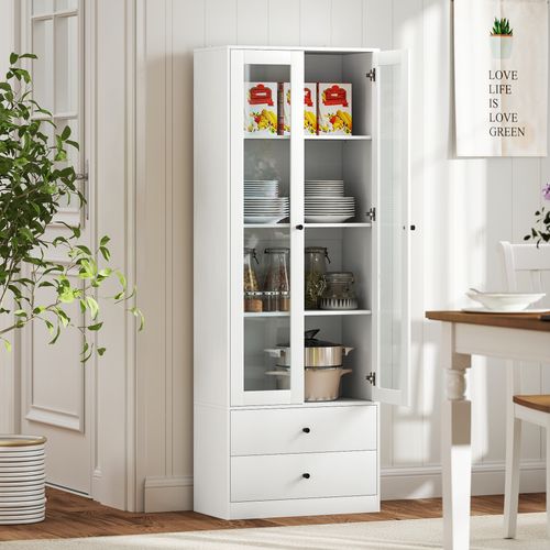 Buffet Haut Vitrine Cuisine - 2 Portes, 3 Étagères, 2 Tiroirs - Blanc