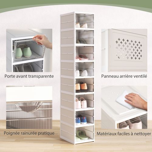 Lot De 8 Boîtes à Chaussures Pliables Dim. 26x35x140 Cm Blanc Transparent
