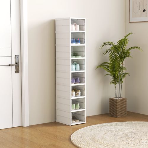 Lot De 8 Boîtes à Chaussures Pliables Dim. 26x35x140 Cm Blanc Transparent