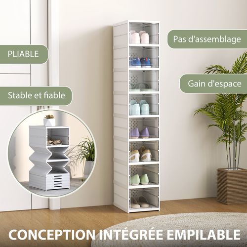 Lot De 8 Boîtes à Chaussures Pliables Dim. 26x35x140 Cm Blanc Transparent