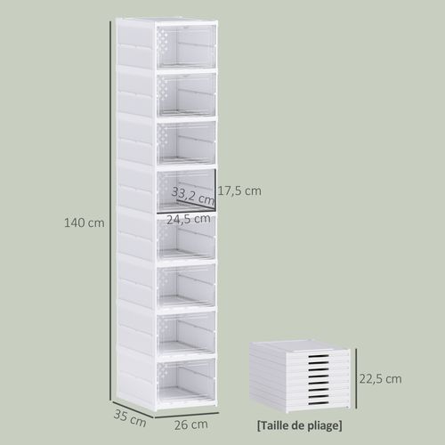 Lot De 8 Boîtes à Chaussures Pliables Dim. 26x35x140 Cm Blanc Transparent
