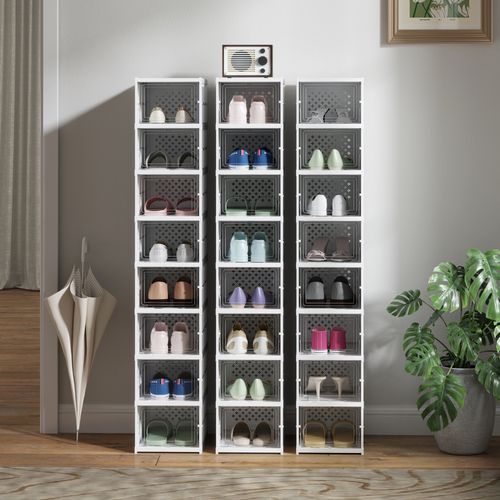 Lot De 8 Boîtes à Chaussures Pliables Dim. 26x35x140 Cm Blanc Transparent