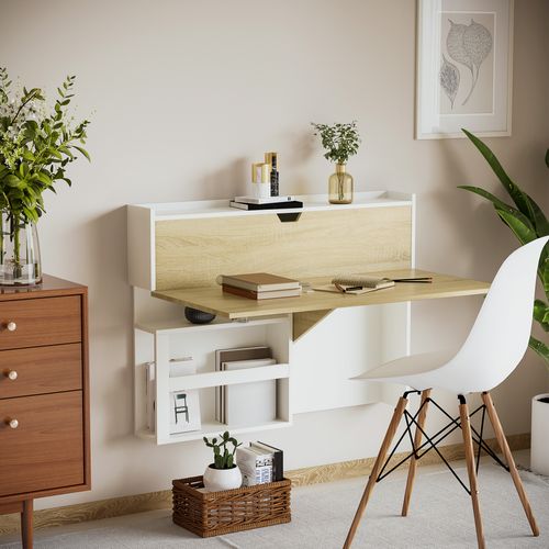 Bureau Pliable Mural Avec Étagères Et Placard, 100 X 18 X 74 Cm Effet Bois Naturel