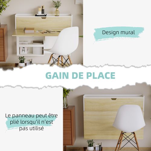 Bureau Pliable Mural Avec Étagères Et Placard, 100 X 18 X 74 Cm Effet Bois Naturel