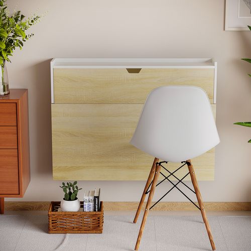 Bureau Pliable Mural Avec Étagères Et Placard, 100 X 18 X 74 Cm Effet Bois Naturel