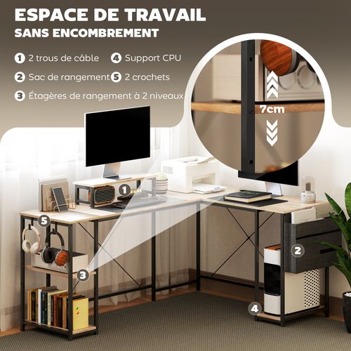 Bureau D'angle Modulable Style Industriel Acier Noir Effet Bois Naturel