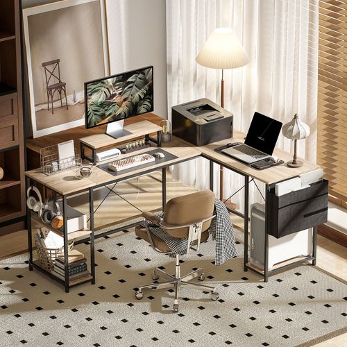 Bureau D'angle Modulable Style Industriel Acier Noir Effet Bois Naturel
