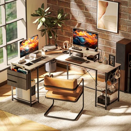 Bureau D'angle Modulable Style Industriel Acier Noir Effet Bois Naturel