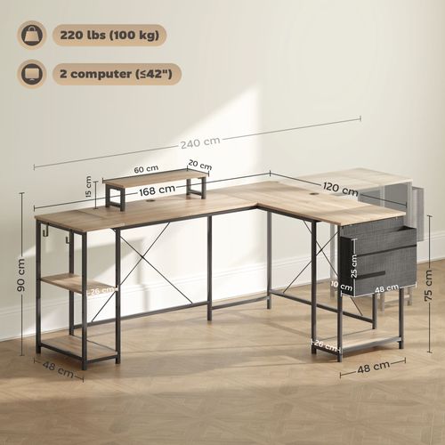 Bureau D'angle Modulable Style Industriel Acier Noir Effet Bois Naturel
