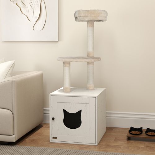 Arbre à Chat Maison De Toilette 2 En 1 - H.129 Cm - Blanc Crème