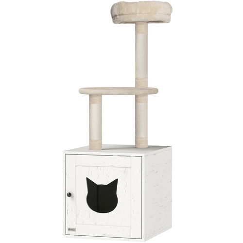 Arbre à Chat Maison De Toilette 2 En 1 - H.129 Cm - Blanc Crème