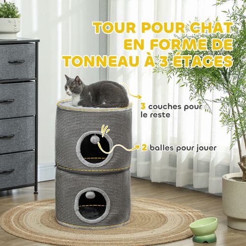 Tour Pour Chat Modulable Zippée 3 Parties 2 Pompons Gris