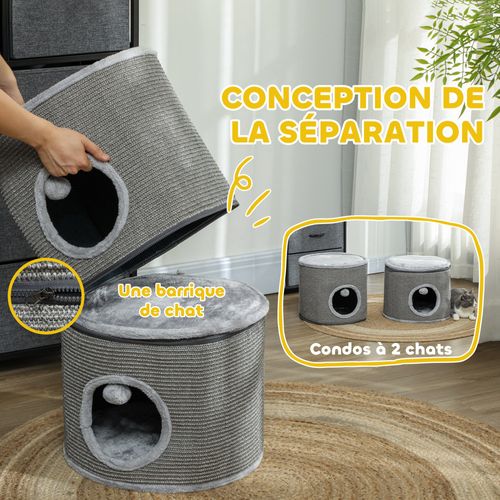 Tour Pour Chat Modulable Zippée 3 Parties 2 Pompons Gris