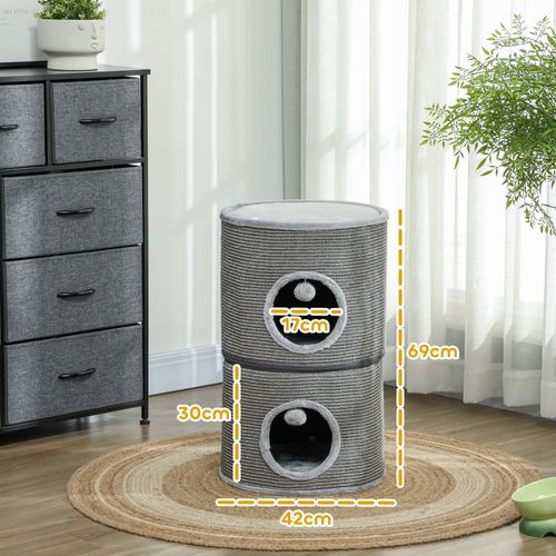 Tour Pour Chat Modulable Zippée 3 Parties 2 Pompons Gris