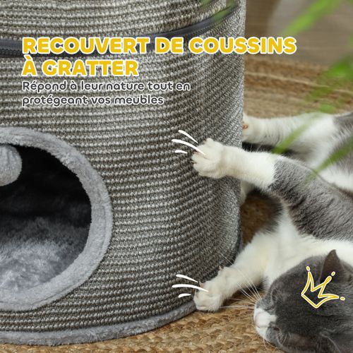 Tour Pour Chat Modulable Zippée 3 Parties 2 Pompons Gris