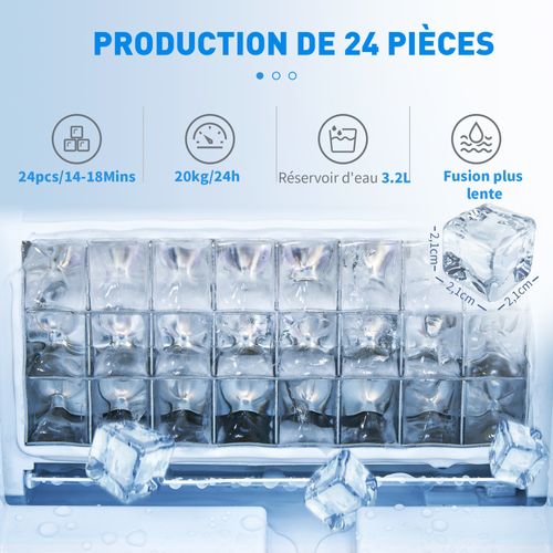 Machine à Glaçons 130w 3,2l 20kg/24h Réservoir Glace 1,2kg Acier Noir