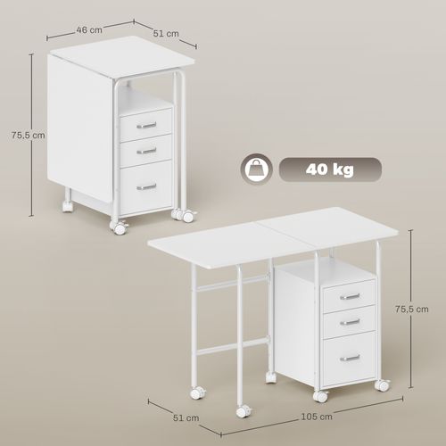 Bureau Pliable Sur Roulettes 3 Tiroirs Métal Effet Bois Blanc