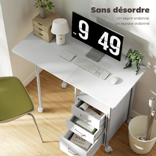 Bureau Pliable Sur Roulettes 3 Tiroirs Métal Effet Bois Blanc